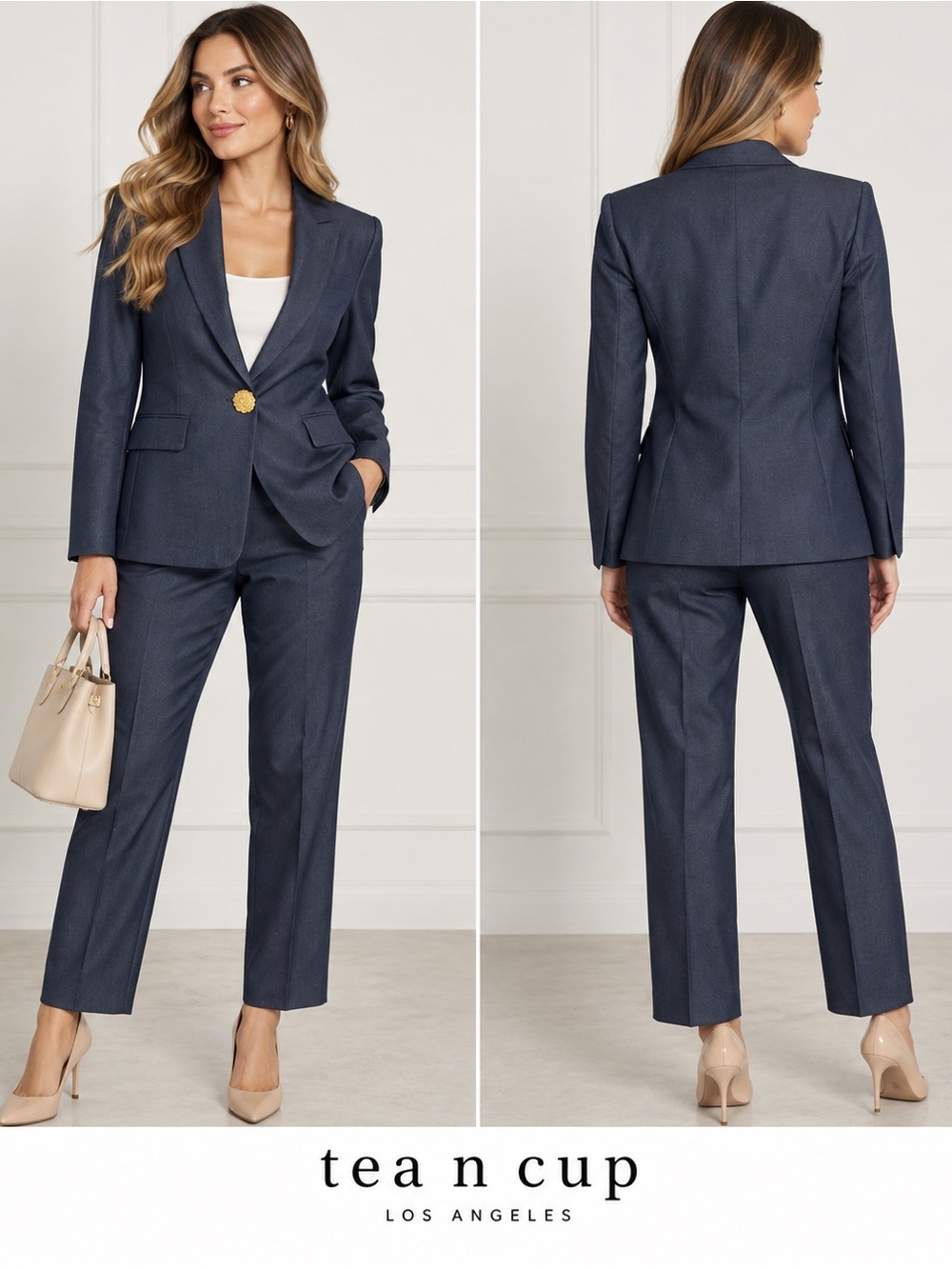 Tea n Cup Women’s Navy Blue 2 Piece Suit Gold Button Blazer Pants L NWT
